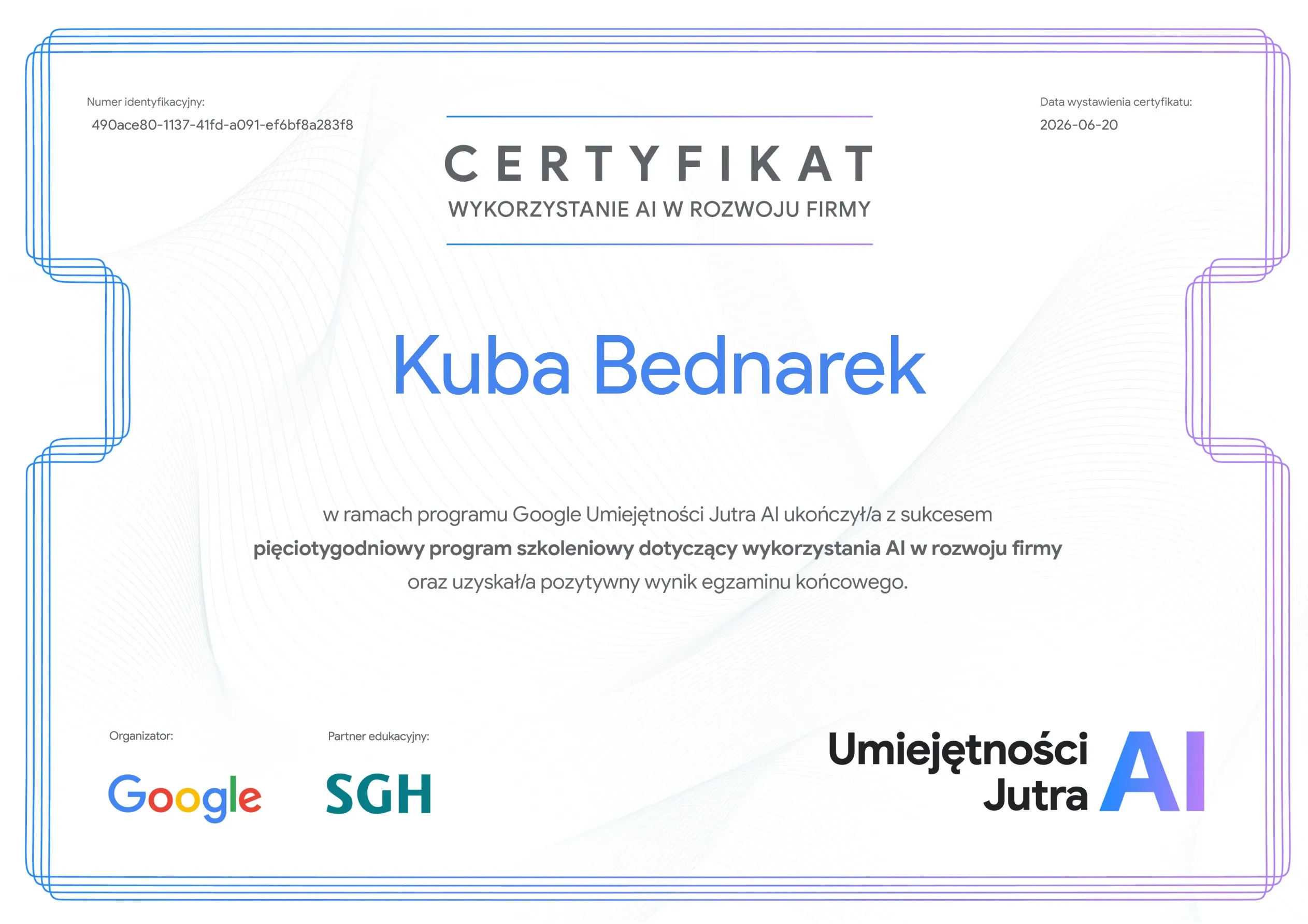 Certyfikat: Wykorzystanie AI w rozwoju firmy