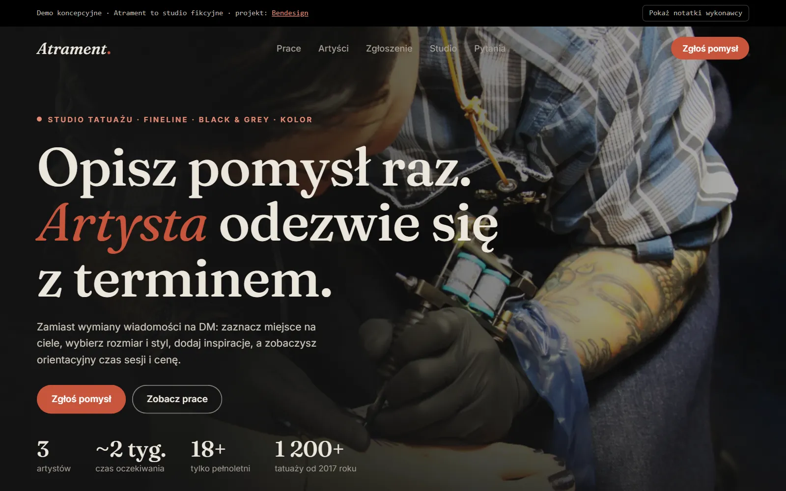 Projekt poglądowy: strona studia tatuażu z mapą ciała, bolesnością i zgłoszeniem pomysłu