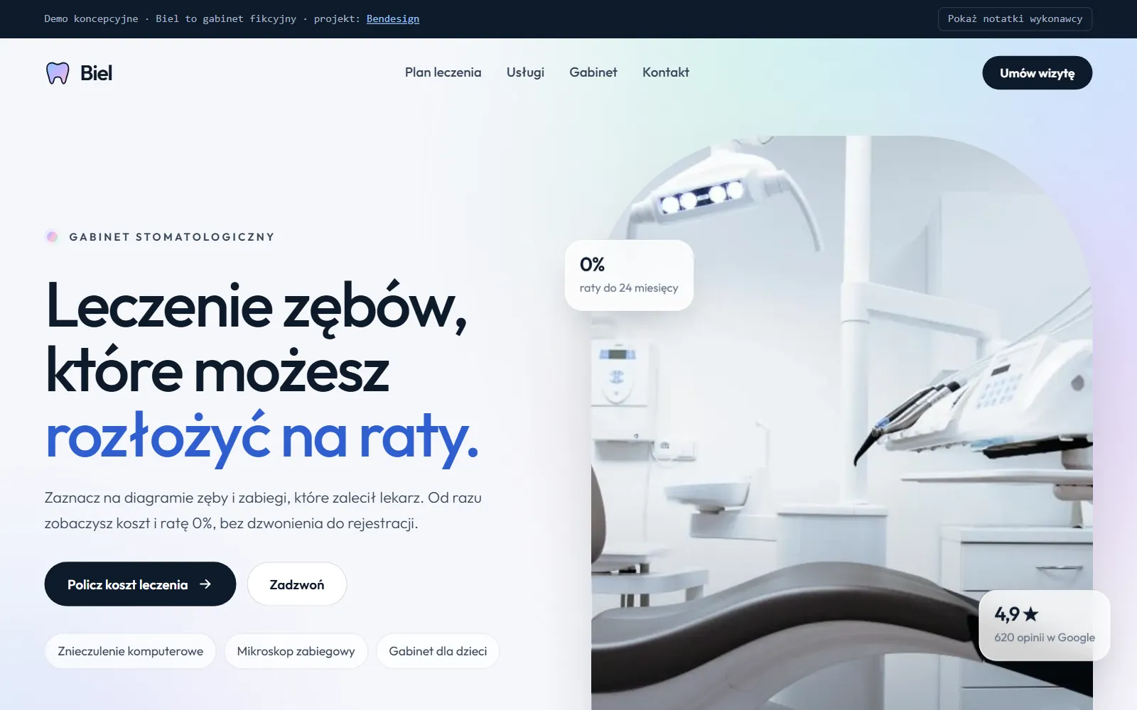 Projekt poglądowy: strona gabinetu stomatologicznego z kalkulatorem leczenia na raty