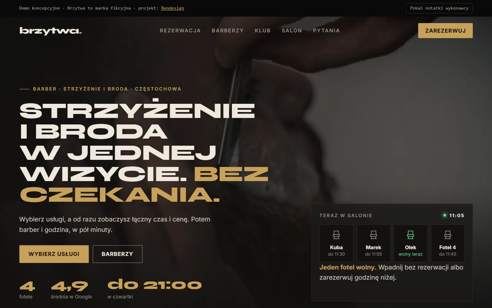 Projekt poglądowy: strona barbera z wolnymi fotelami na żywo i rezerwacją kilku usług