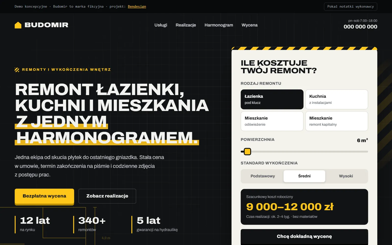 Projekt poglądowy: strona firmy remontowej z kalkulatorem kosztów i wyceną ze zdjęciami