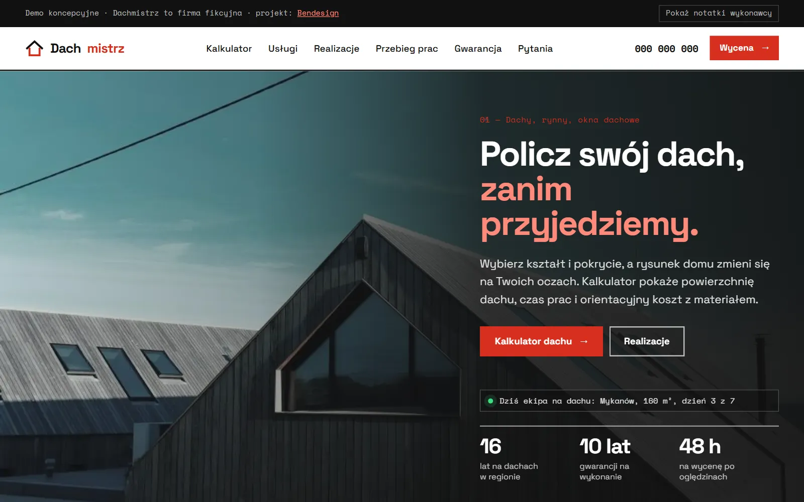 Projekt poglądowy: strona firmy dekarskiej z kalkulatorem i rysunkiem dachu na żywo