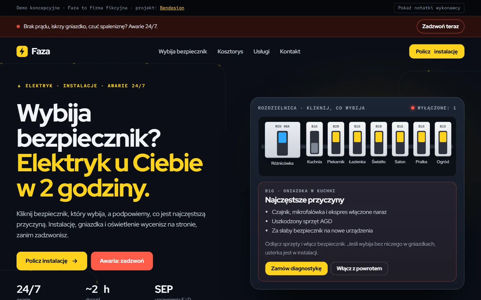 Projekt poglądowy: strona elektryka z podpowiedzią przy awarii i kosztorysem instalacji