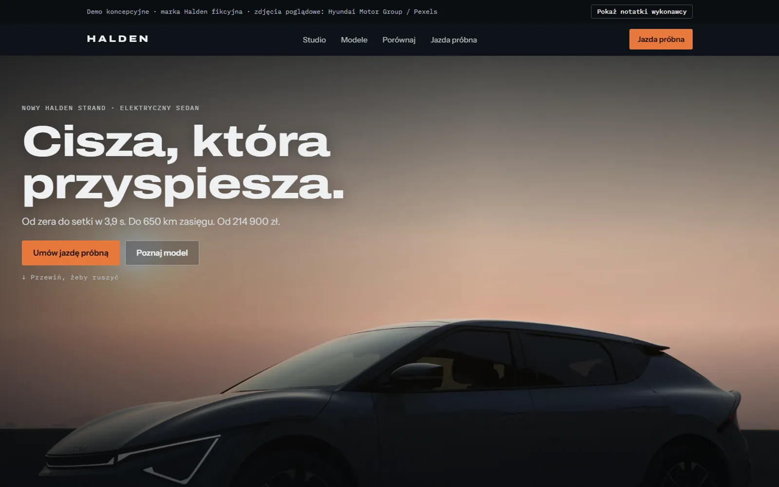 Projekt poglądowy: strona marki motoryzacyjnej z wyższej półki (marka fikcyjna)