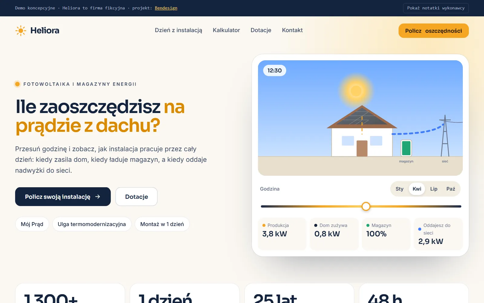 Projekt poglądowy: strona firmy fotowoltaicznej z kalkulatorem zwrotu
