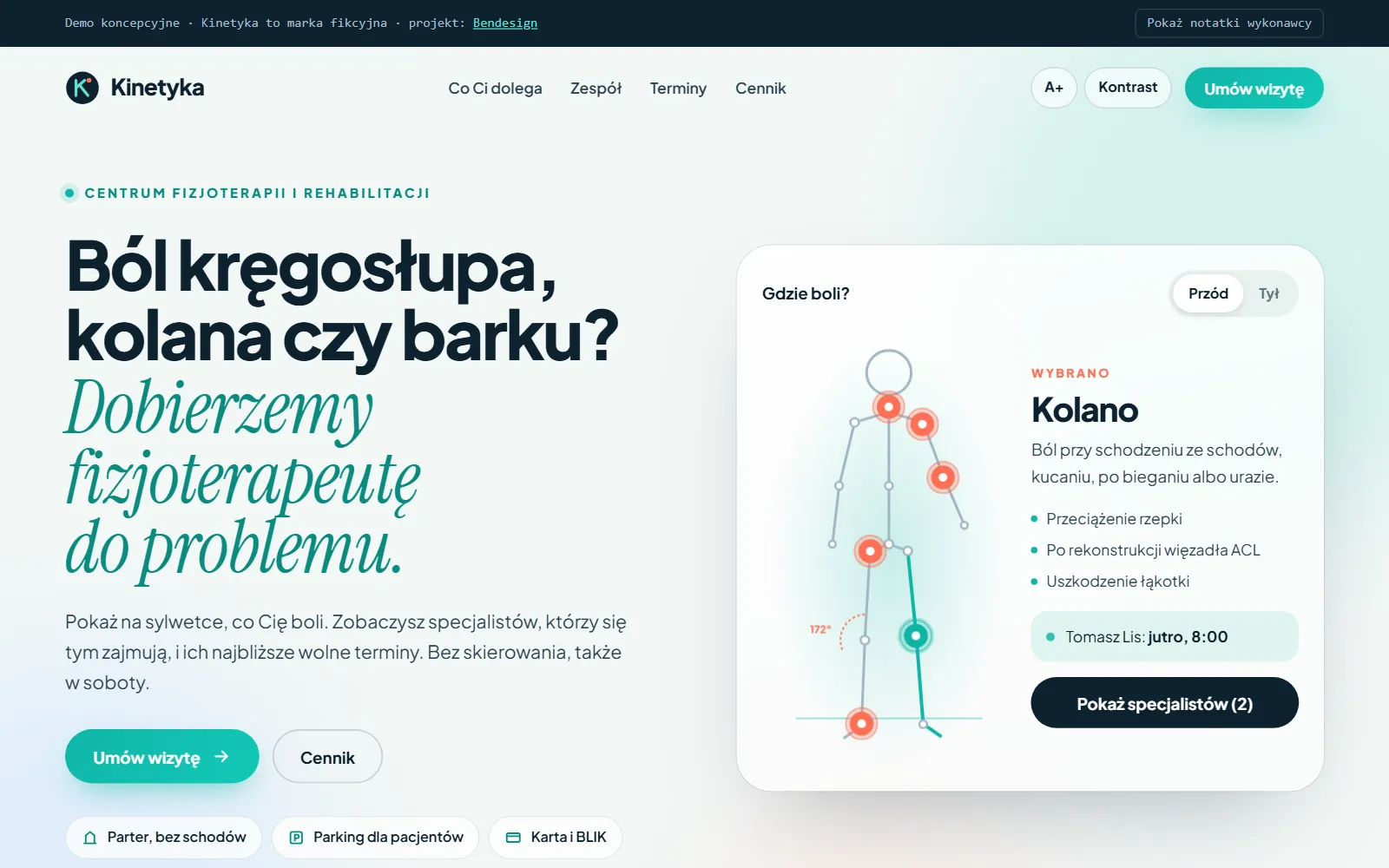 Projekt poglądowy: strona gabinetu fizjoterapii z doborem specjalisty i umawianiem wizyt