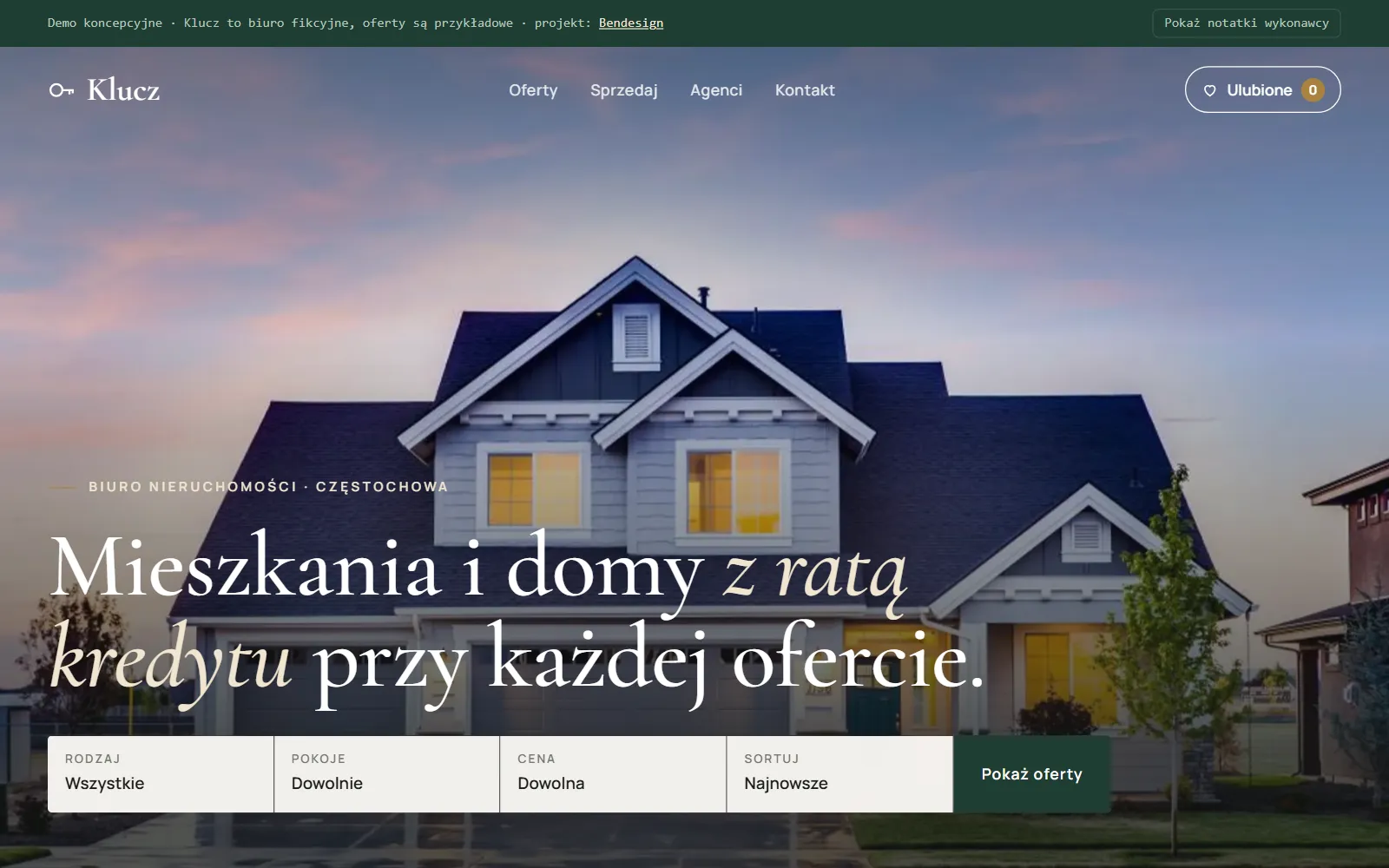 Projekt poglądowy: strona biura nieruchomości z ratą kredytu przy ofertach