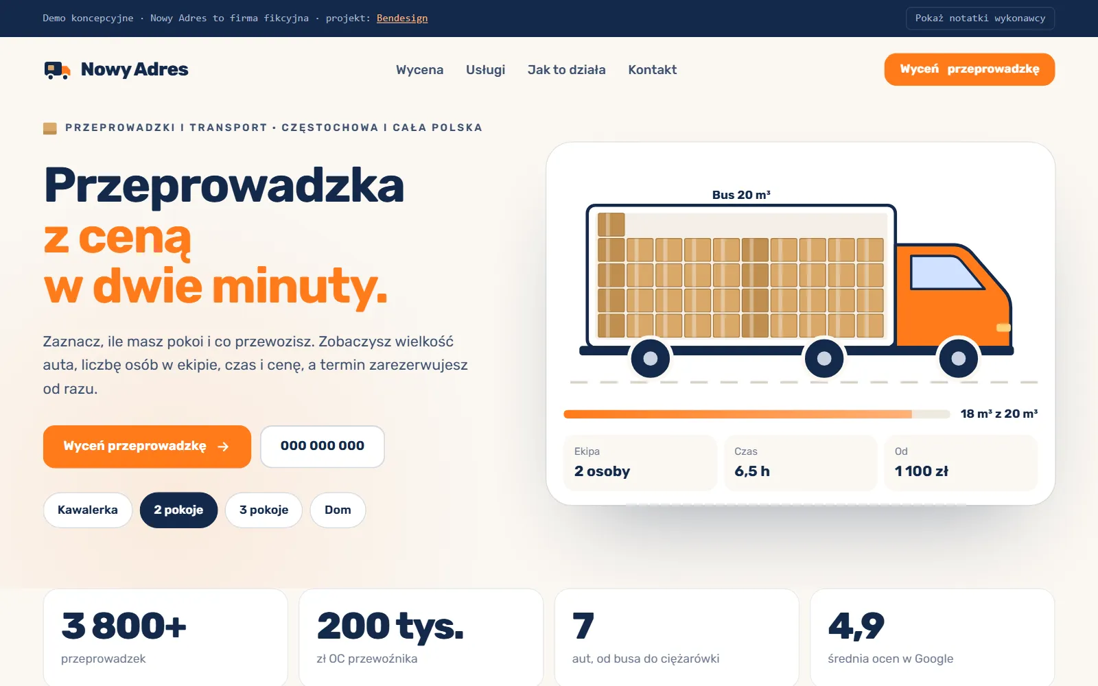 Projekt poglądowy: strona firmy przeprowadzkowej z wyceną na żywo i rezerwacją terminu