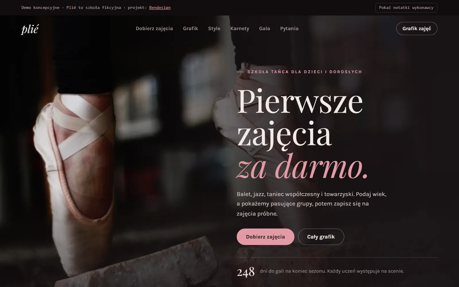 Projekt poglądowy: strona szkoły tańca z doborem zajęć po wieku, grafikiem i odliczaniem do gali