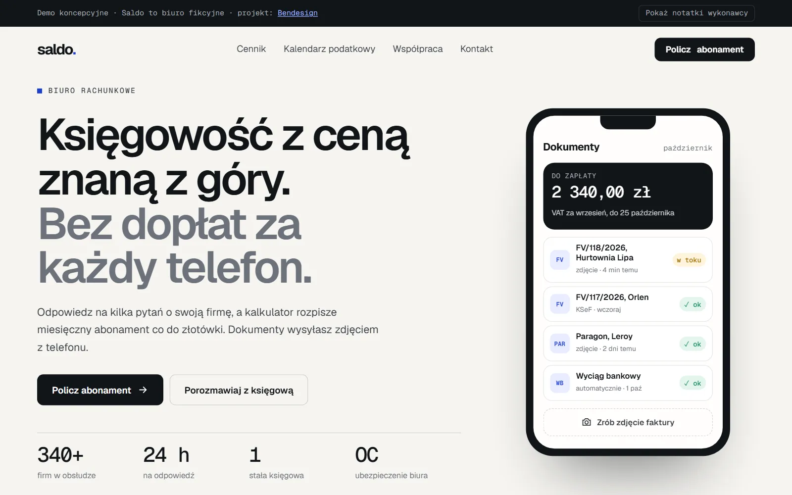 Projekt poglądowy: strona biura rachunkowego z kalkulatorem abonamentu