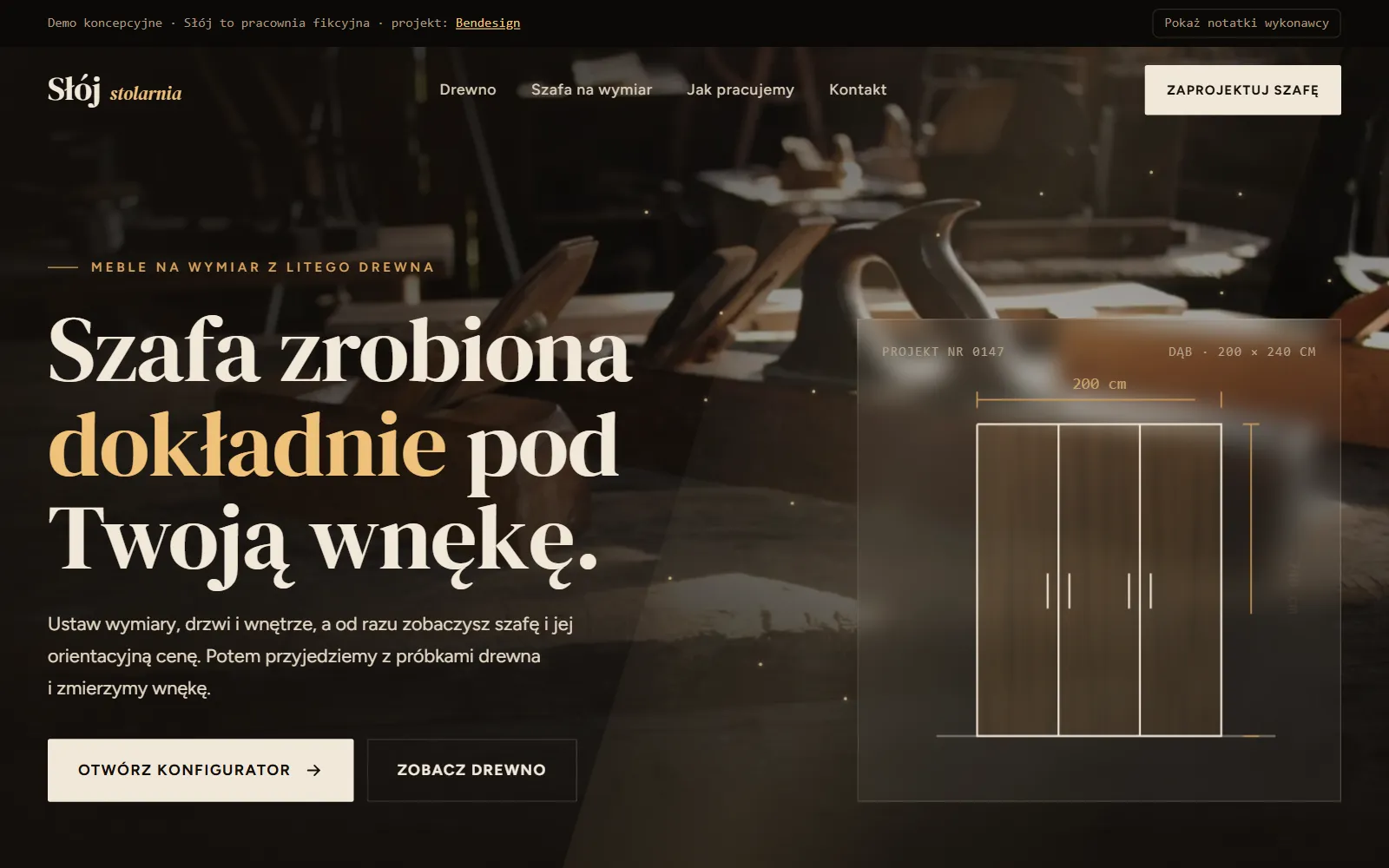 Projekt poglądowy: strona stolarni z konfiguratorem szafy na wymiar