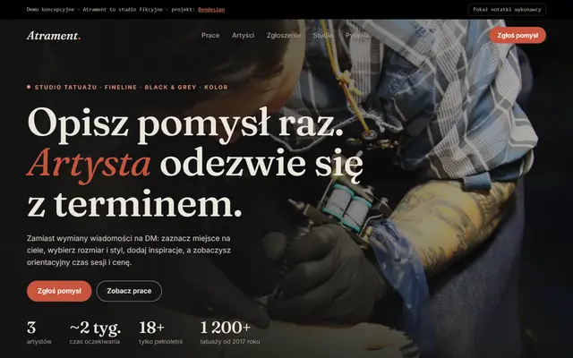 Projekt poglądowy: strona studia tatuażu z mapą ciała, bolesnością i zgłoszeniem pomysłu