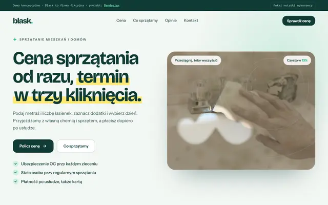 Projekt poglądowy: strona firmy sprzątającej z kalkulatorem ceny