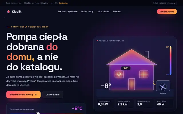 Projekt poglądowy: strona instalatora pomp ciepła z doborem mocy
