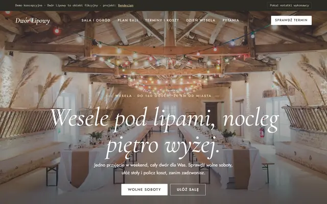 Projekt poglądowy: strona sali weselnej z planem sali, wolnymi sobotami i kalkulatorem wesela