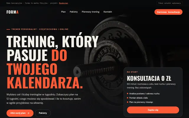 Projekt poglądowy: strona trenera personalnego z planem na 12 tygodni i zapisem na konsultację