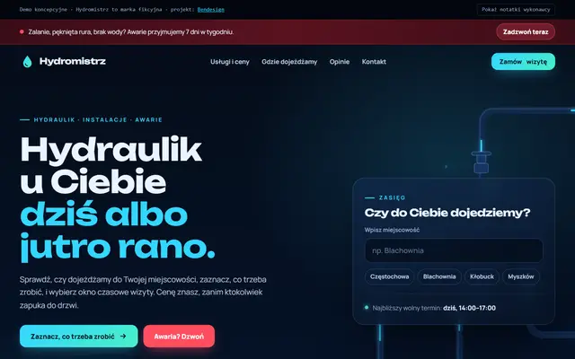 Projekt poglądowy: strona lokalnej firmy usługowej z obszarem dojazdu i szybką wyceną