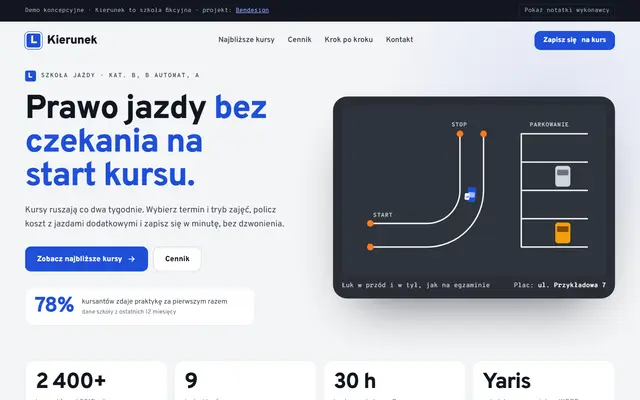 Projekt poglądowy: strona szkoły jazdy z zapisem na najbliższy kurs i kalkulatorem jazd
