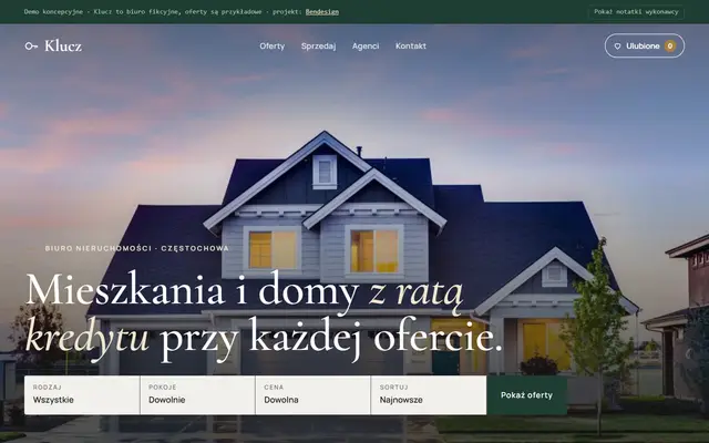 Projekt poglądowy: strona biura nieruchomości z ratą kredytu przy ofertach