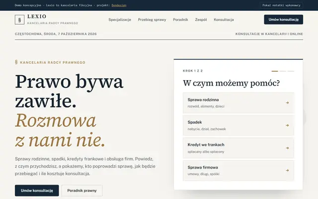 Projekt poglądowy: strona kancelarii z kreatorem sprawy, przebiegiem postępowania i kalkulatorem zachowku