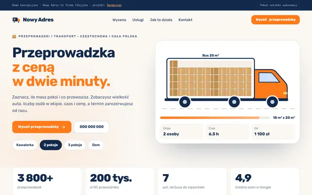 Projekt poglądowy: strona firmy przeprowadzkowej z wyceną na żywo i rezerwacją terminu