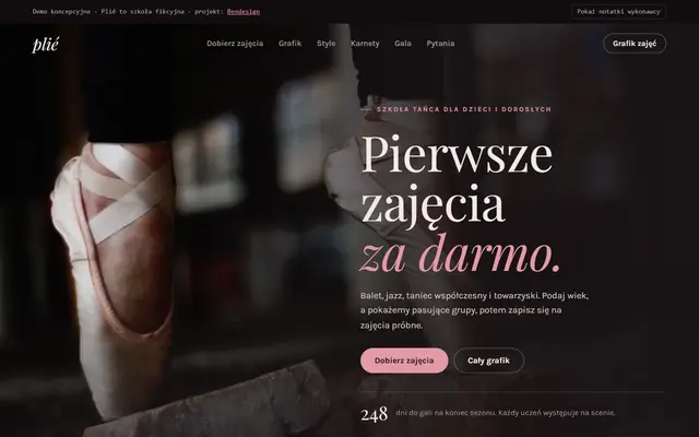 Projekt poglądowy: strona szkoły tańca z doborem zajęć po wieku, grafikiem i odliczaniem do gali