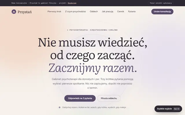 Projekt poglądowy: strona gabinetu psychoterapii z łagodnym pierwszym krokiem i ćwiczeniem oddechowym
