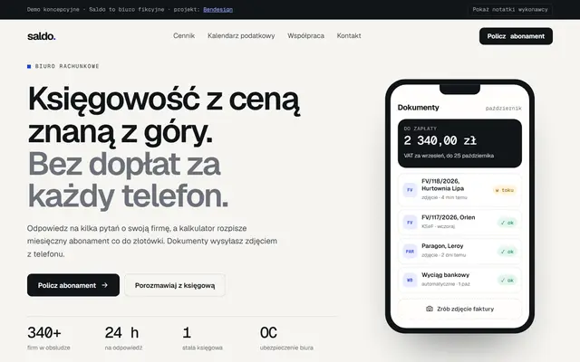 Projekt poglądowy: strona biura rachunkowego z kalkulatorem abonamentu