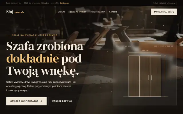 Projekt poglądowy: strona stolarni z konfiguratorem szafy na wymiar