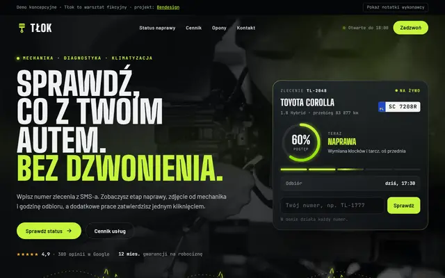 Projekt poglądowy: strona warsztatu ze statusem naprawy online
