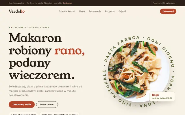 Projekt poglądowy: strona trattorii z dniem w kuchni na żywo, pastą dnia, menu i rezerwacją stolika