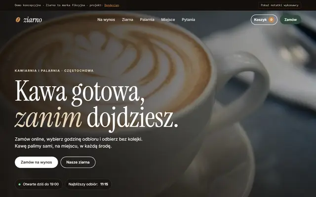 Projekt poglądowy: strona kawiarni z palarnią, zamówieniem na wynos i sklepem z ziarnem