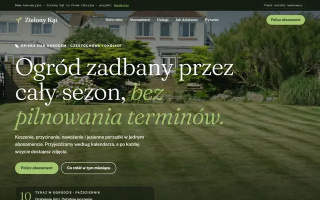 Projekt poglądowy: strona ogrodnika z kołem roku, abonamentem i raportami z wizyt