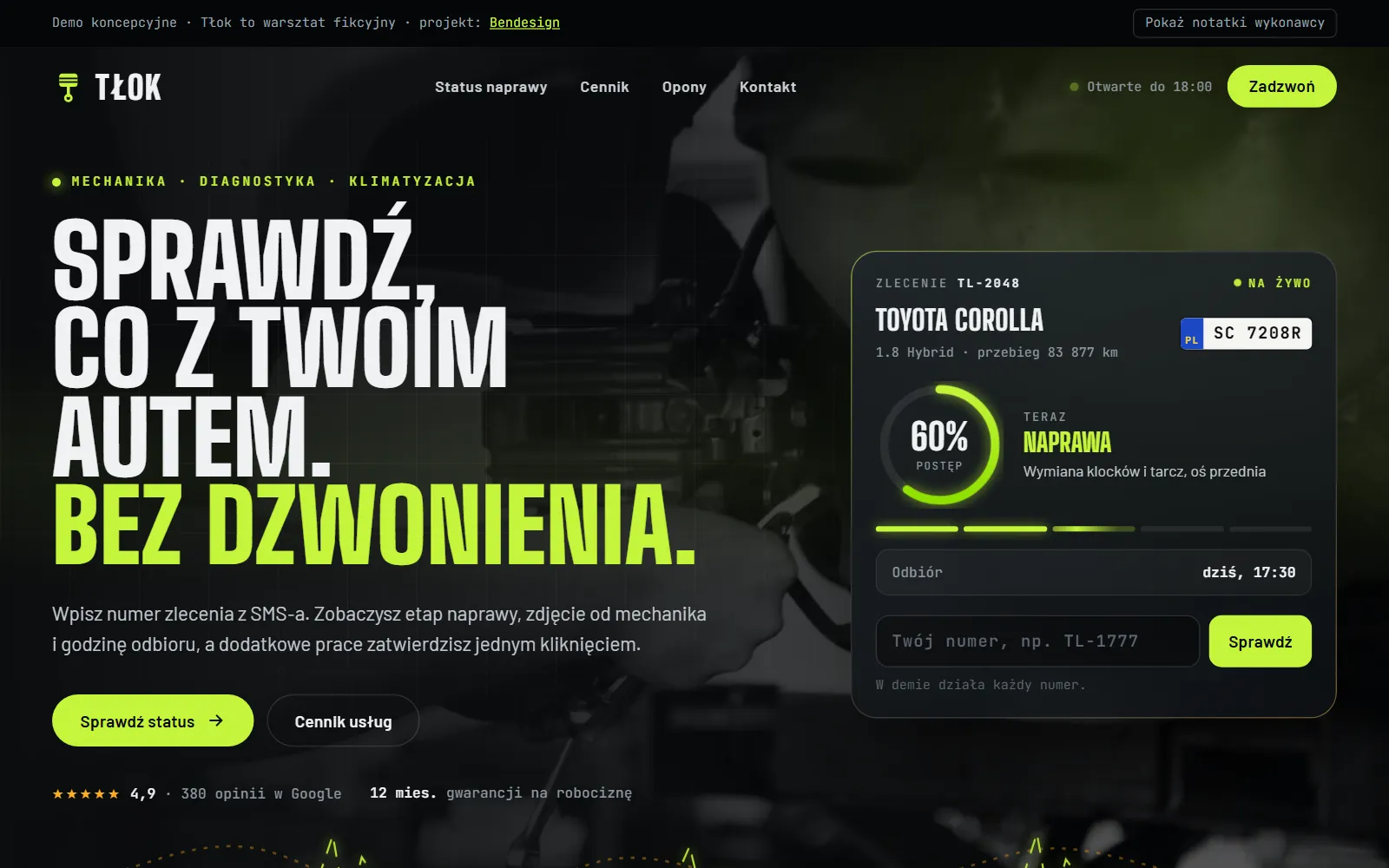 Projekt poglądowy: strona warsztatu ze statusem naprawy online
